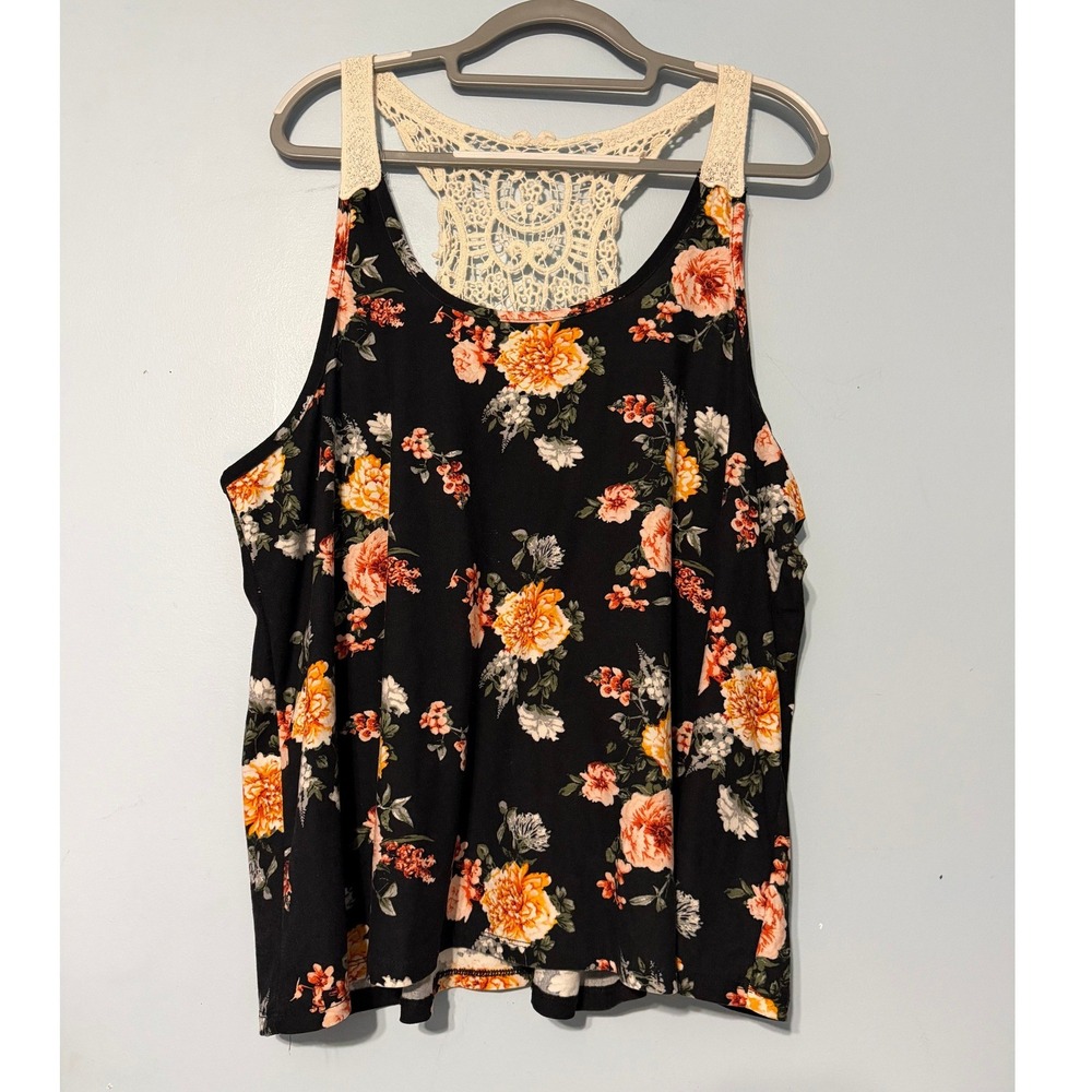Stella Tweed Women's 2X Floral Crochet Lace Racerback Tank Top Black Boho 2297